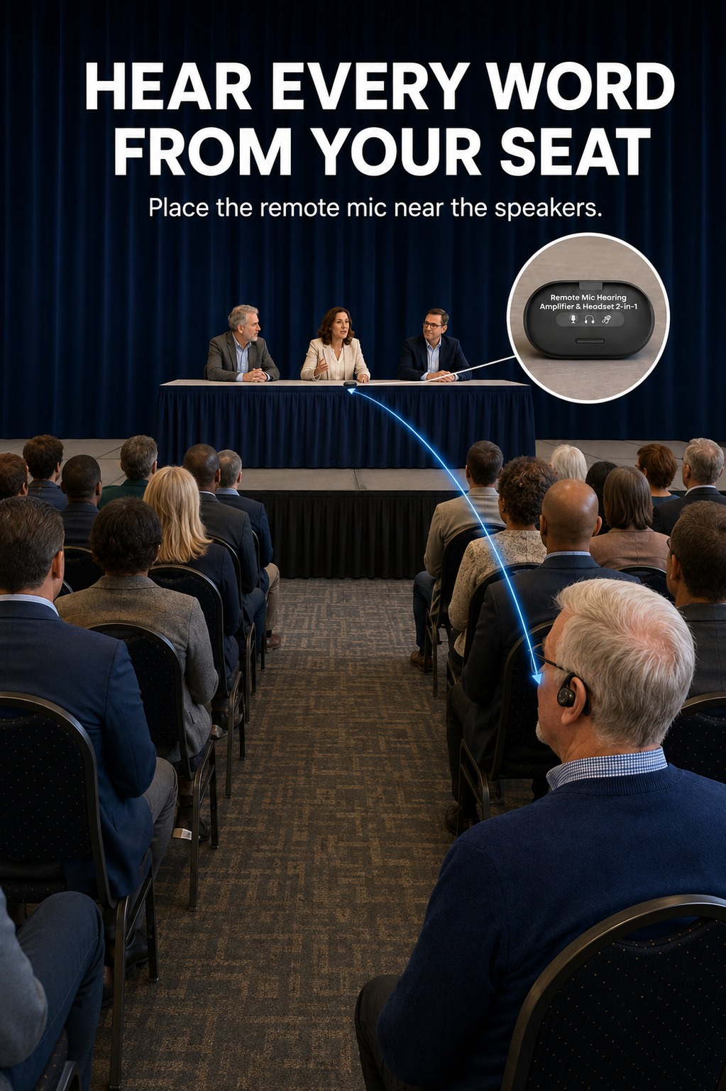 AcuEar Pebble 2 remote case microphone placed near speakers at a meeting