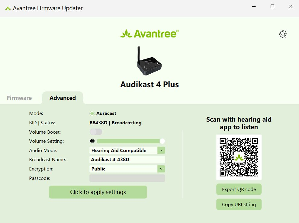 DFU Advanced screen showing broadcast name, encryption, passcode, and QR-code controls.