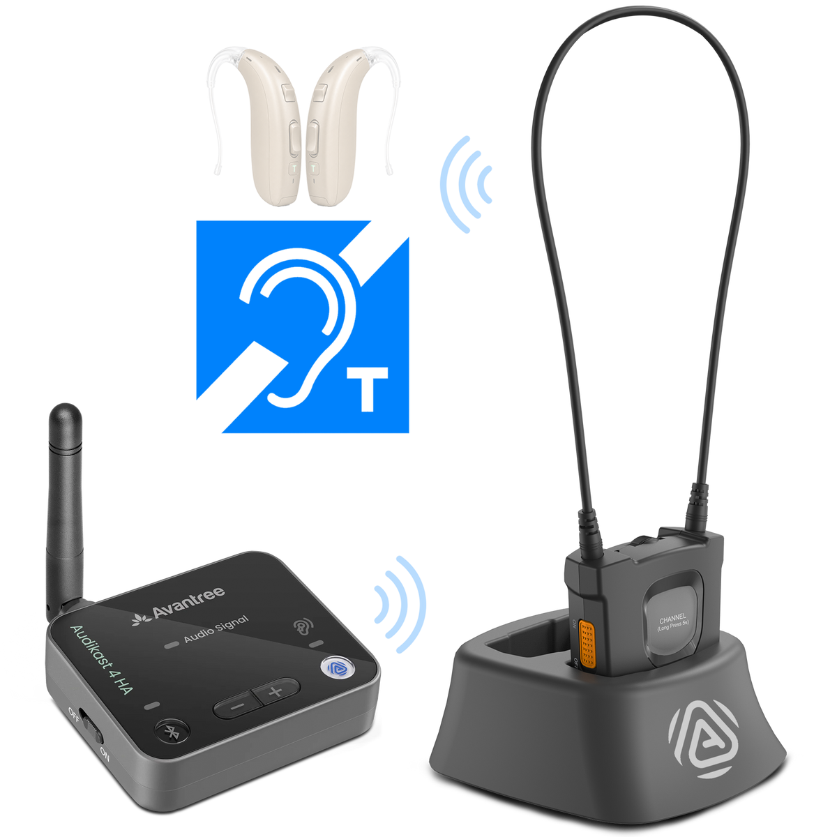 AuraCoil TV bundle with Audikast 4 transmitter and AuraCoil receiver for T-coil hearing aids.