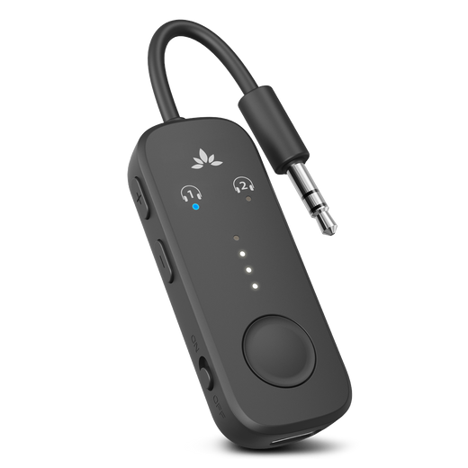 Relay Bluetooth Adapter for Airplanes, connects to airplane seatback screens via 3.5mm AUX and streams audio to Bluetooth headphones.
