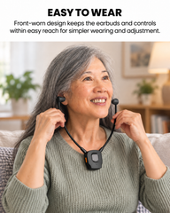 Front-worn AuraBand design keeps the earbuds and controls within easy reach.