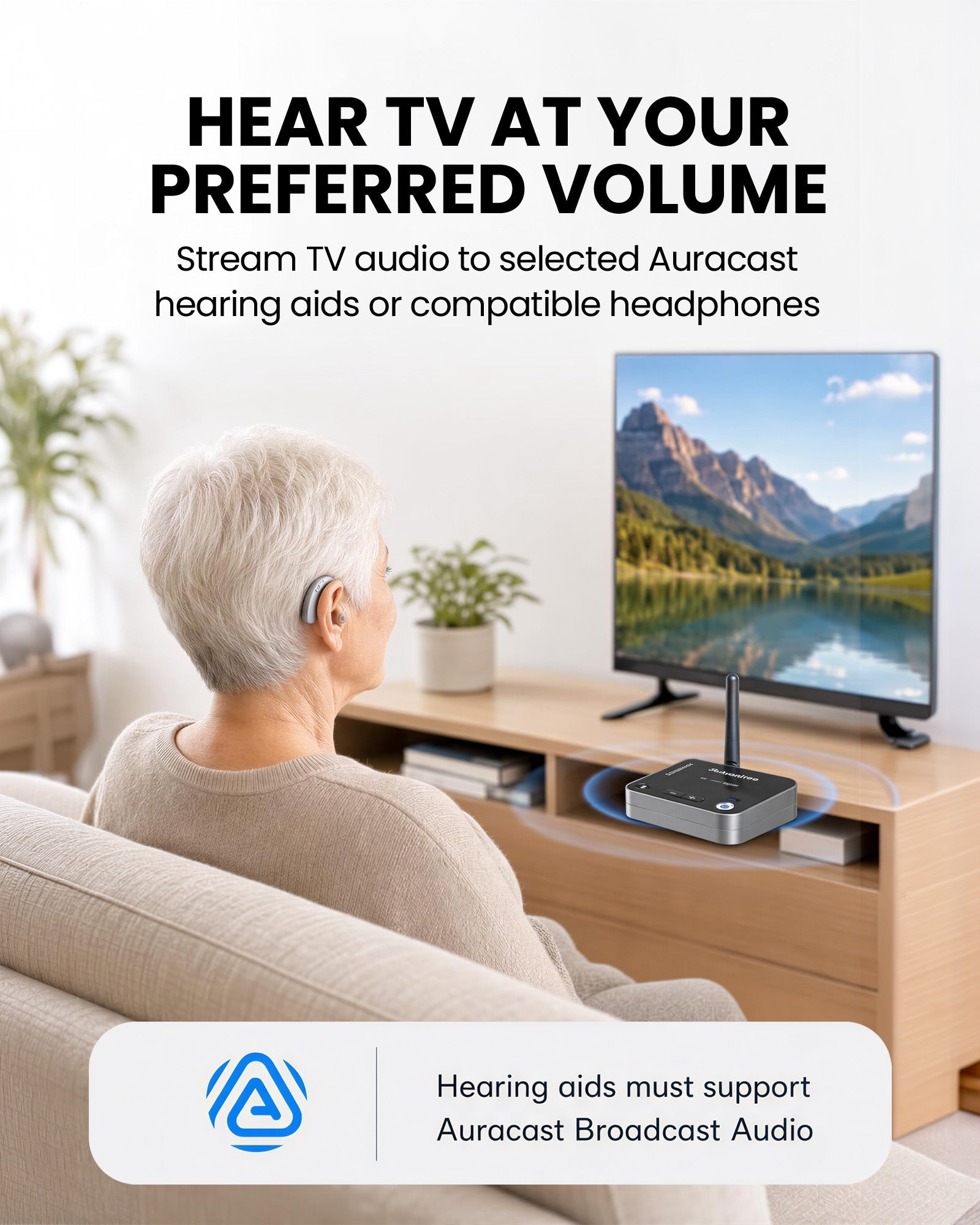 Audikast 4 sends TV audio to compatible Auracast hearing aids.