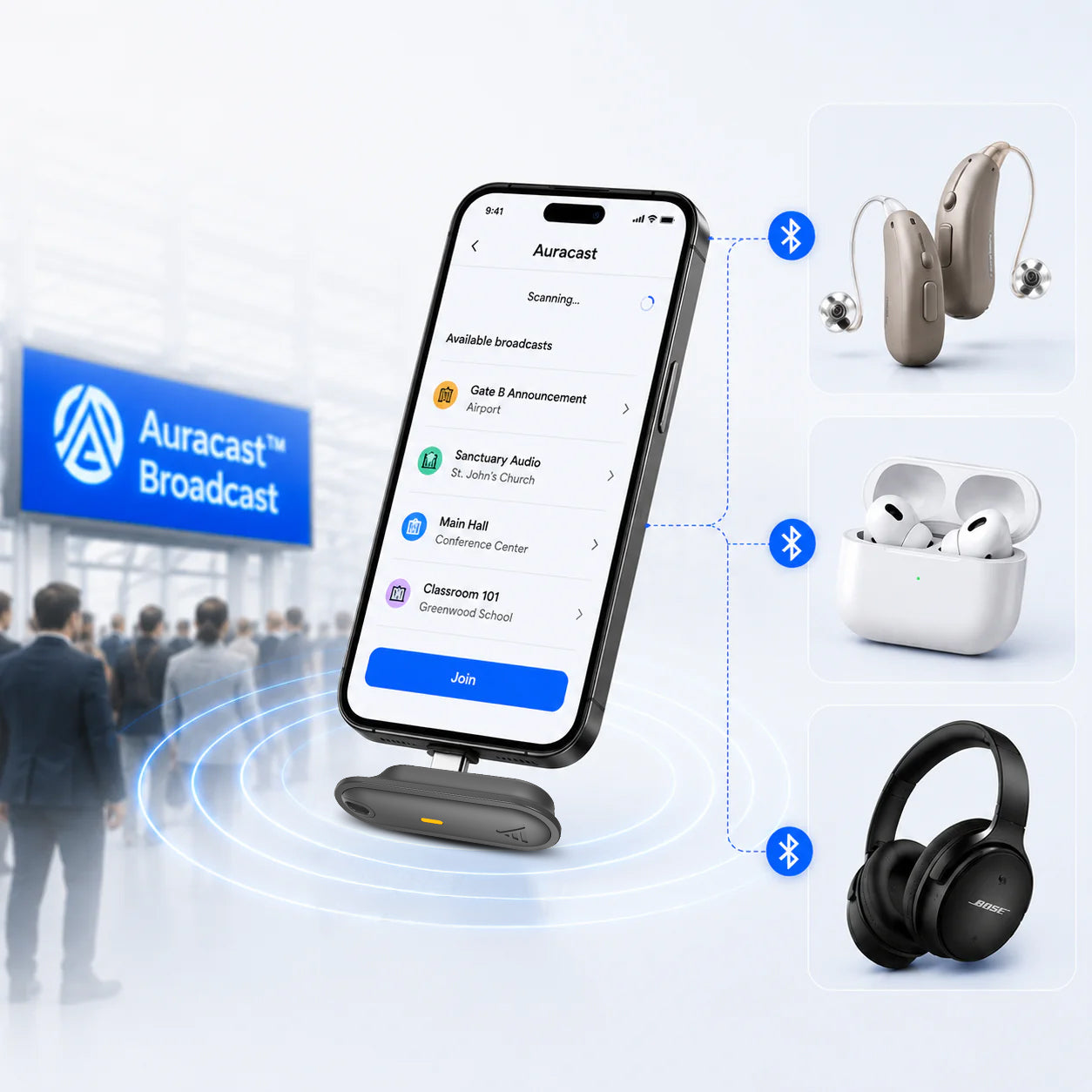 Aura C Auracast USB-C Receiver for Phones, Works with AirPods, Bluetooth Headphones & Hearing Aids