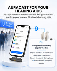 Aura C BYOD Auracast Receiver for Phones, ideal for churches, conferences, classrooms, and tours, enabling Auracast listening via Bluetooth headphones and compatible hearing aids.