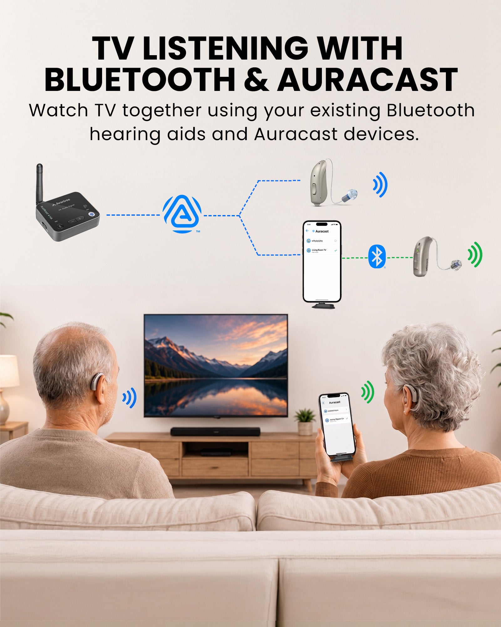 Aura C BYOD Auracast Receiver for Phones, ideal for churches, conferences, classrooms, and venues. Join Auracast audio using Bluetooth hearing aids and Auracast devices.