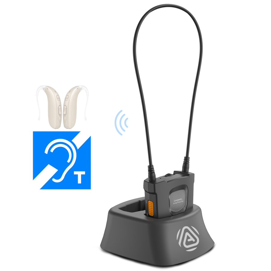 AuraCoil Auracast Receiver with Neckloop for T-Coil hearing aids, ideal for churches, theaters, museums, senior centers, tours, and public listening.