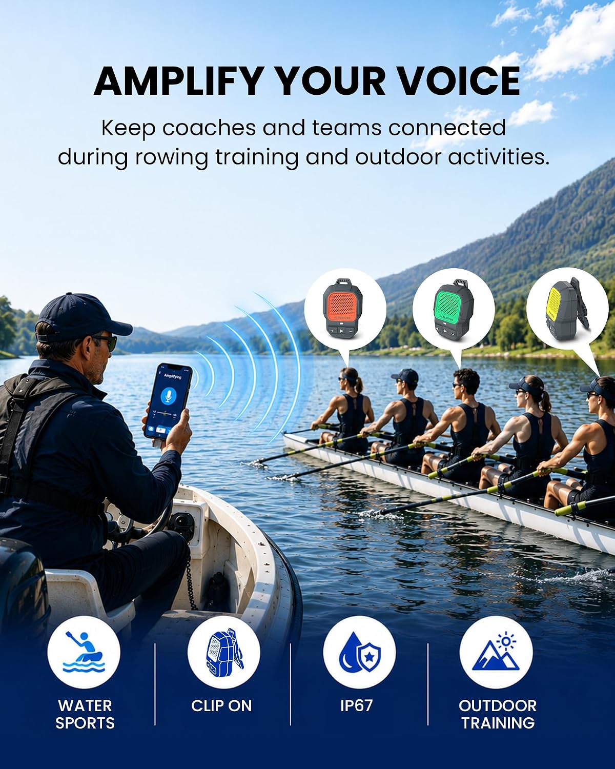 ShareCast Clip-On Waterproof Speakers, turn your smartphone into a wireless microphone for tours, training, coaching, and group guidance. IP67