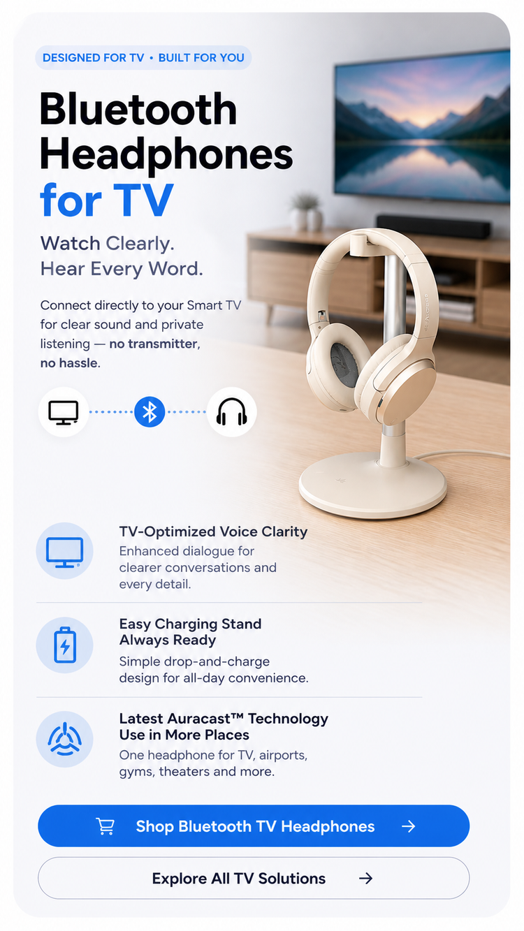 Bluetooth headphones for TV with product features and a call to action on a white background