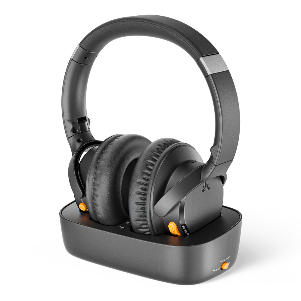 Ensemble Pro Senior-Friendly Wireless TV Headphones for shared bedrooms, supporting multiple headphones connected to the same TV audio simultaneously.