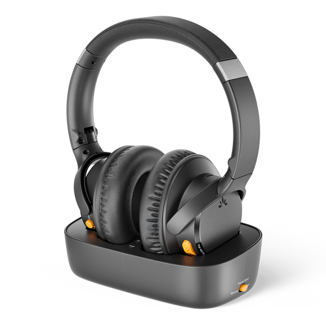 Ensemble Pro Senior-Friendly Wireless TV Headphones for shared bedrooms, supporting multiple headphones connected to the same TV audio simultaneously.