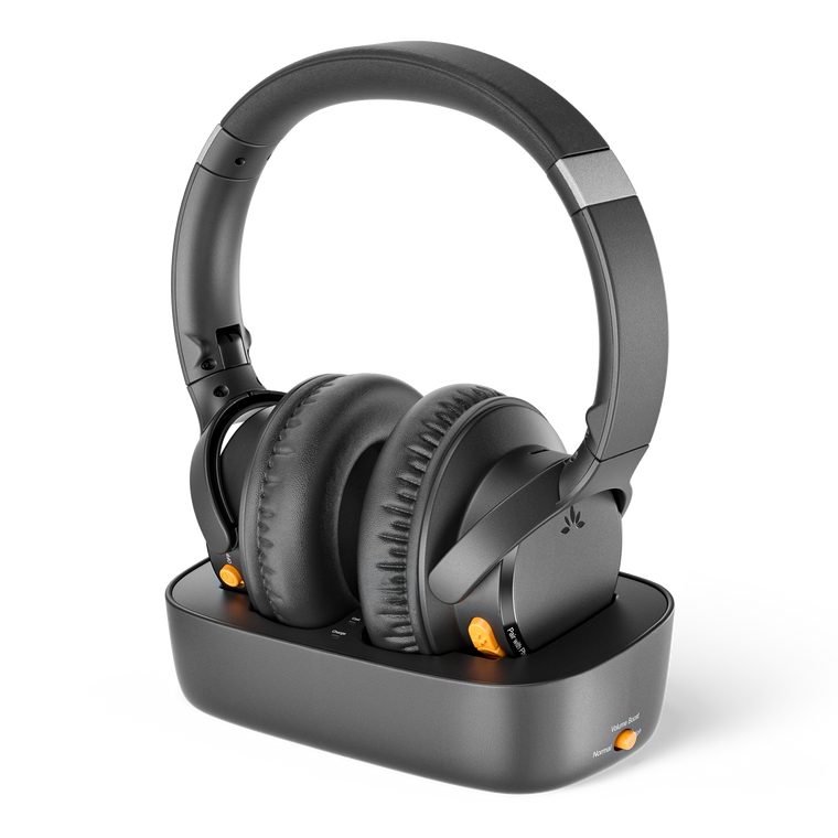 Ensemble Pro Senior-Friendly Wireless TV Headphones for shared bedrooms, supporting multiple headphones connected to the same TV audio simultaneously.