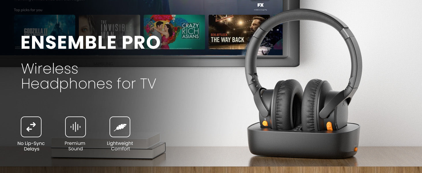Ensemble Pro Senior-Friendly Wireless TV Headphones. No lip-sync delays, premium sound, lightweright comfort