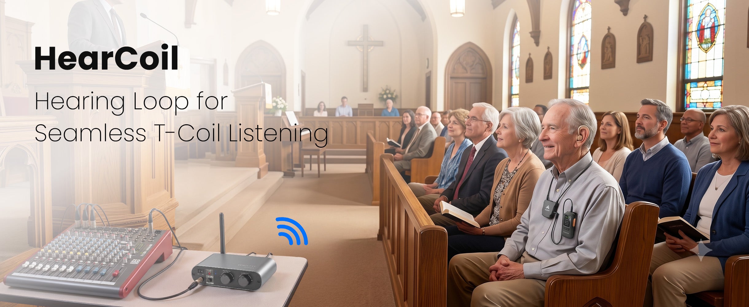 HearCoil Passive Neckloop for Telecoil Hearing Aids & Audio Receivers in churches, theaters, museums, nursing homes, senior centers, and other T-Coil-enabled venues.