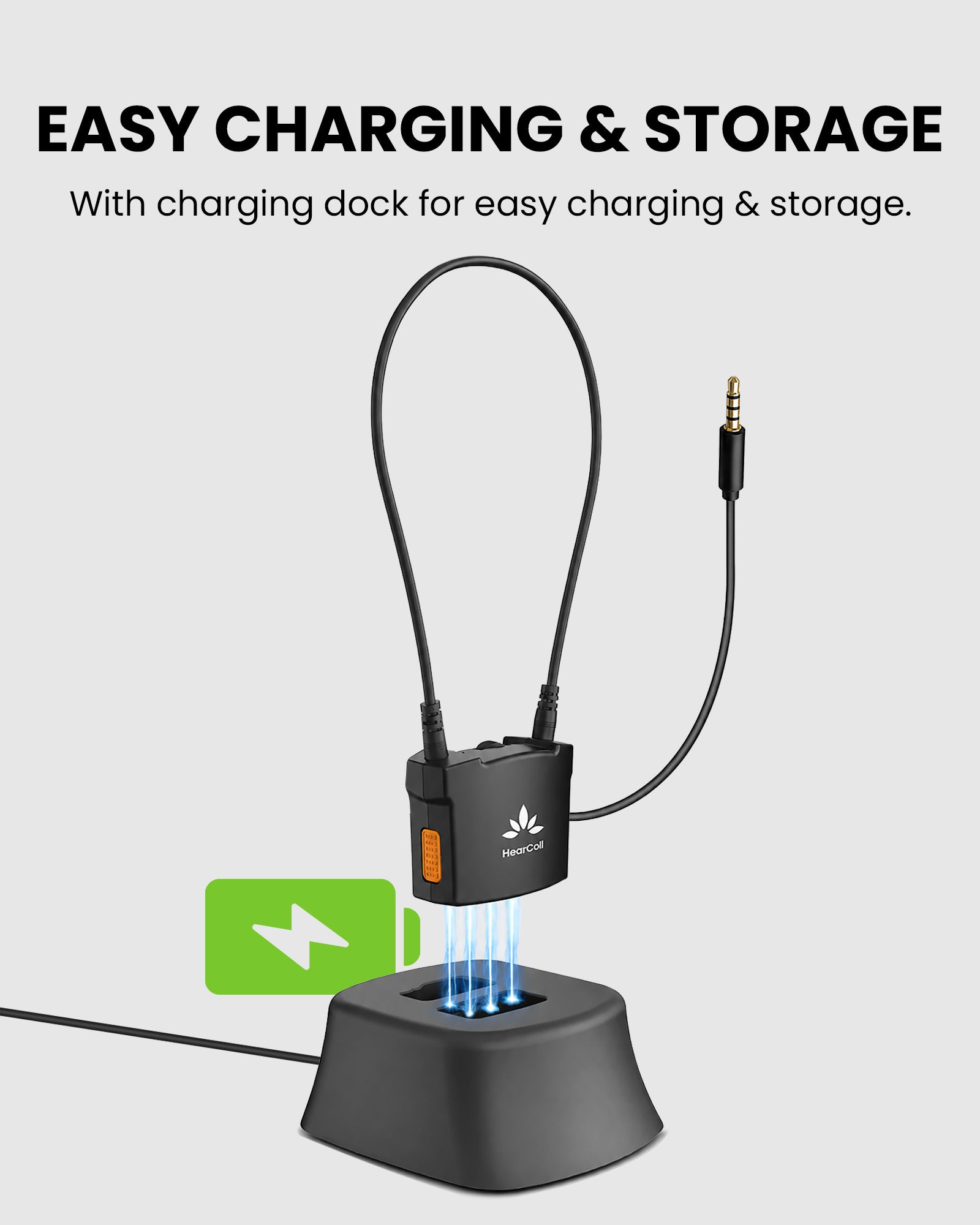 HearCoil Passive Neckloop for Telecoil Hearing Aids & Audio Receivers with charging dock for easy charging and storage.