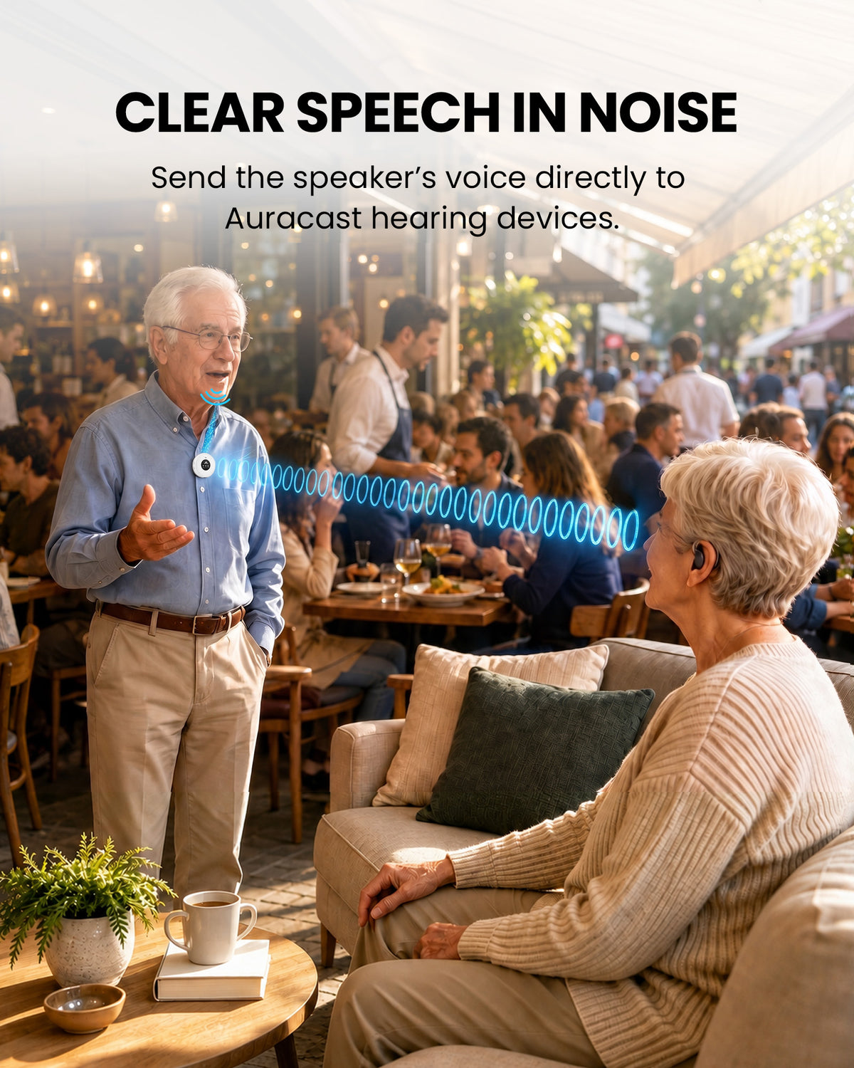 AuraMic sends a nearby speaker's voice to compatible Auracast listening devices in a noisy place.