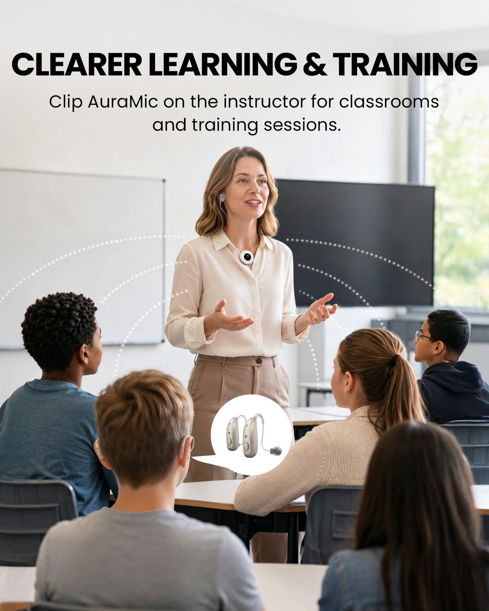 Presenter wearing AuraMic during a small class or training session