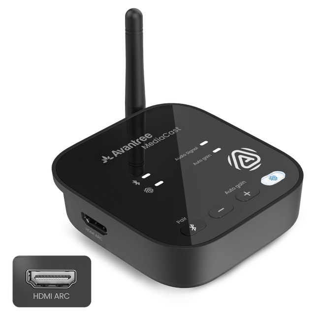 MediaCast Auracast TV Transmitter HDMI ARC In, Bluetooth Adapter for Auracast Hearing Aids &amp; Headphones, HDMI ARC &amp; Optical In, Volume Boost