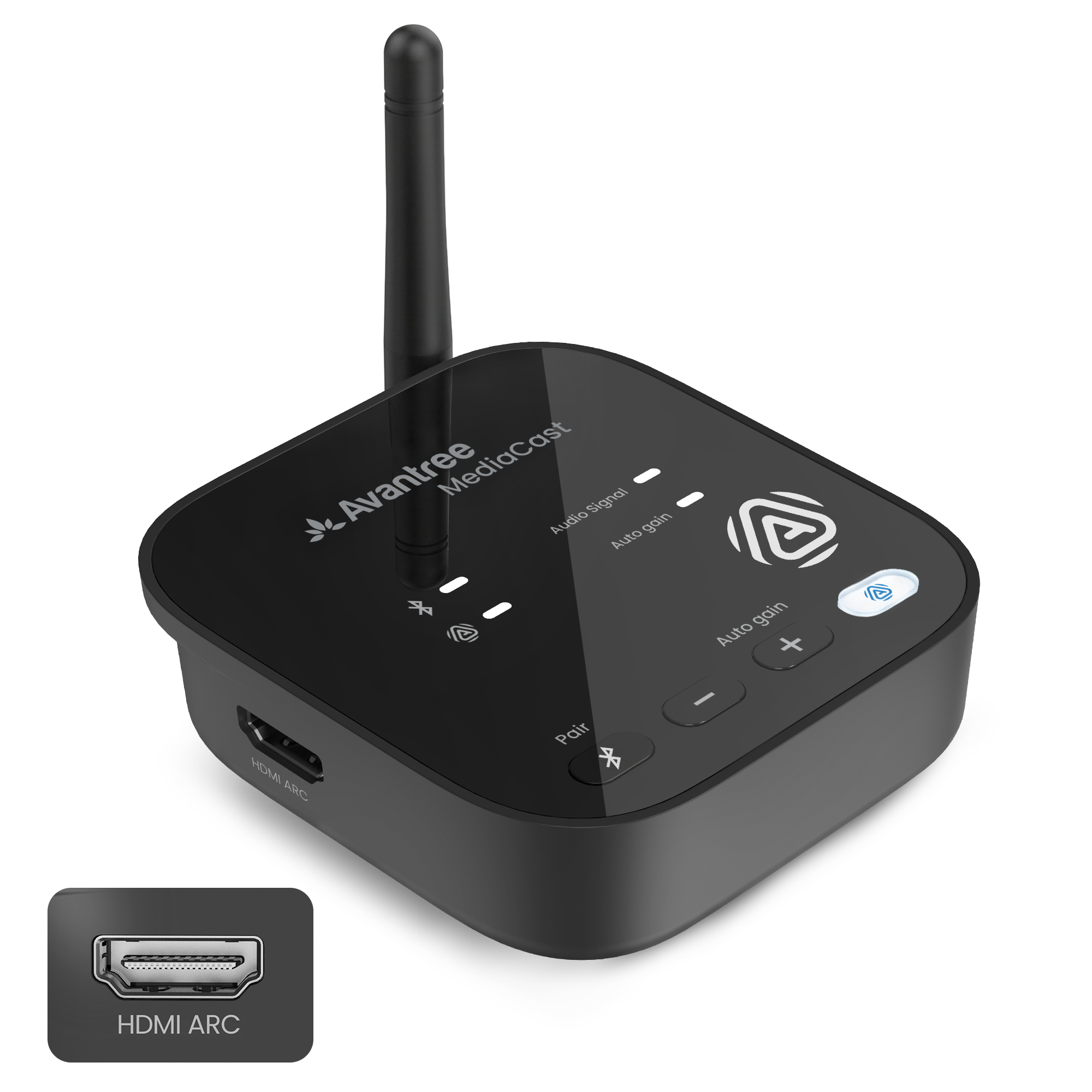 Avantree MediaCast Auracast TV transmitter front and side view