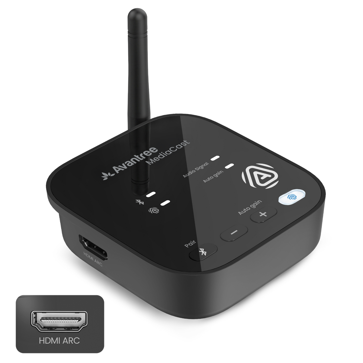 Avantree MediaCast Auracast TV transmitter front and side view