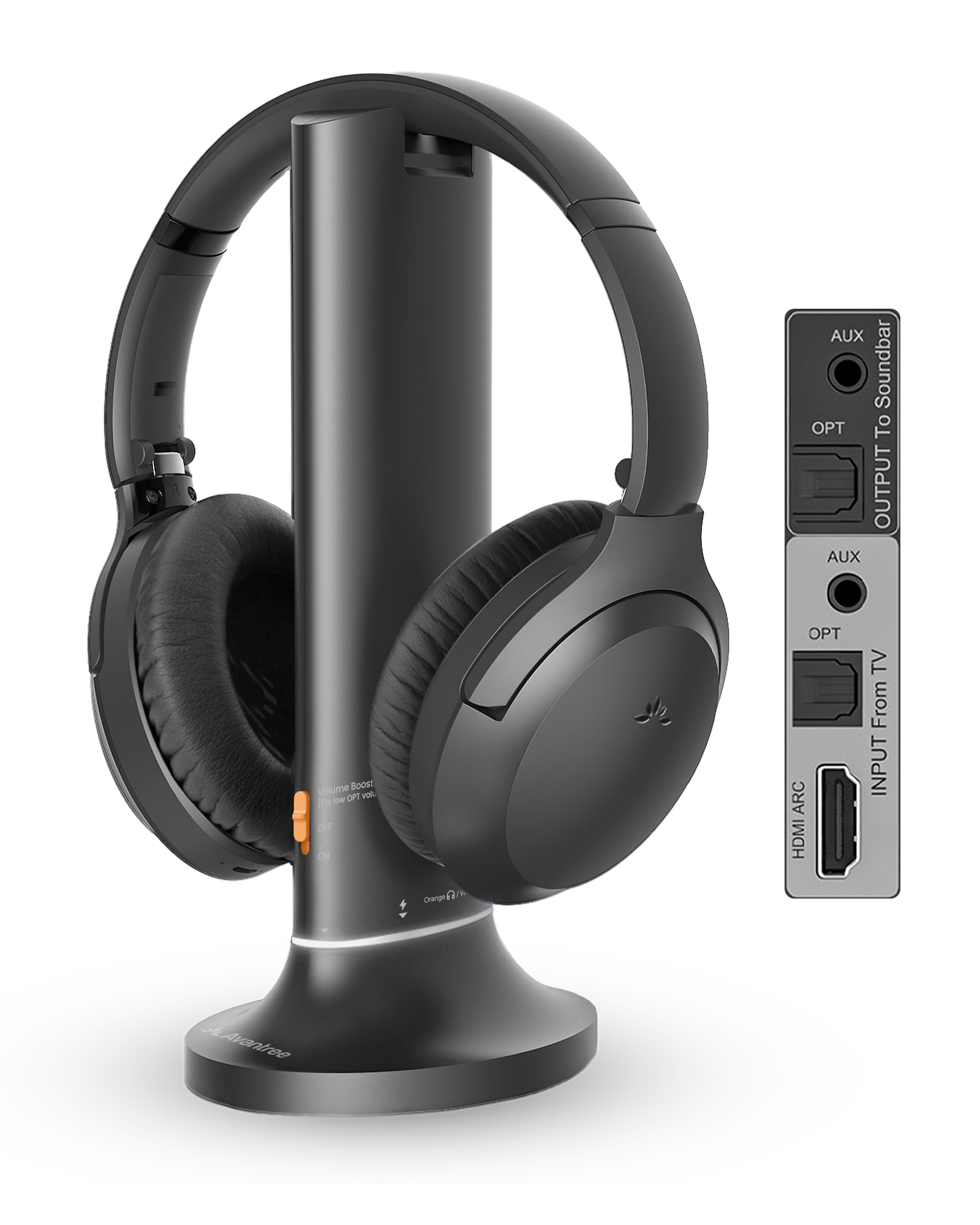Opera Aura wireless Auracast TV headphones with transmitter charging dock and over-ear headset.