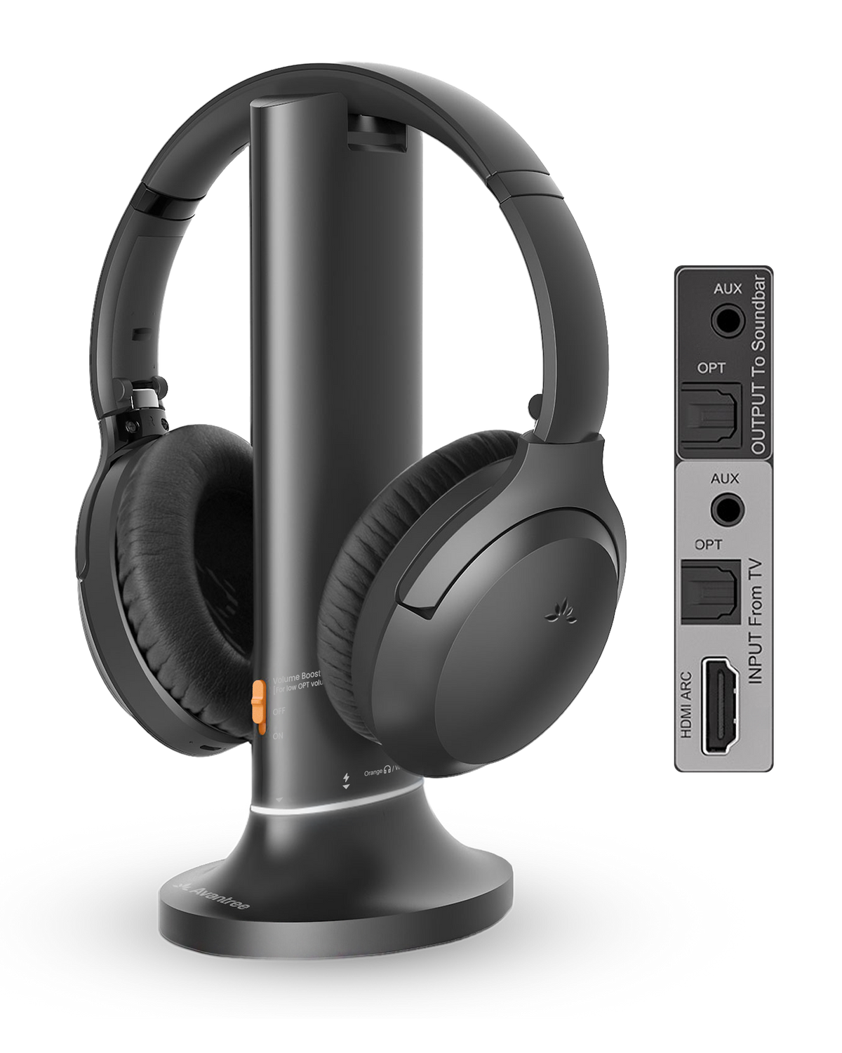 Opera Aura wireless Auracast TV headphones with transmitter charging dock and over-ear headset.