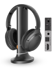 Opera Aura wireless Auracast TV headphones with transmitter charging dock and over-ear headset.