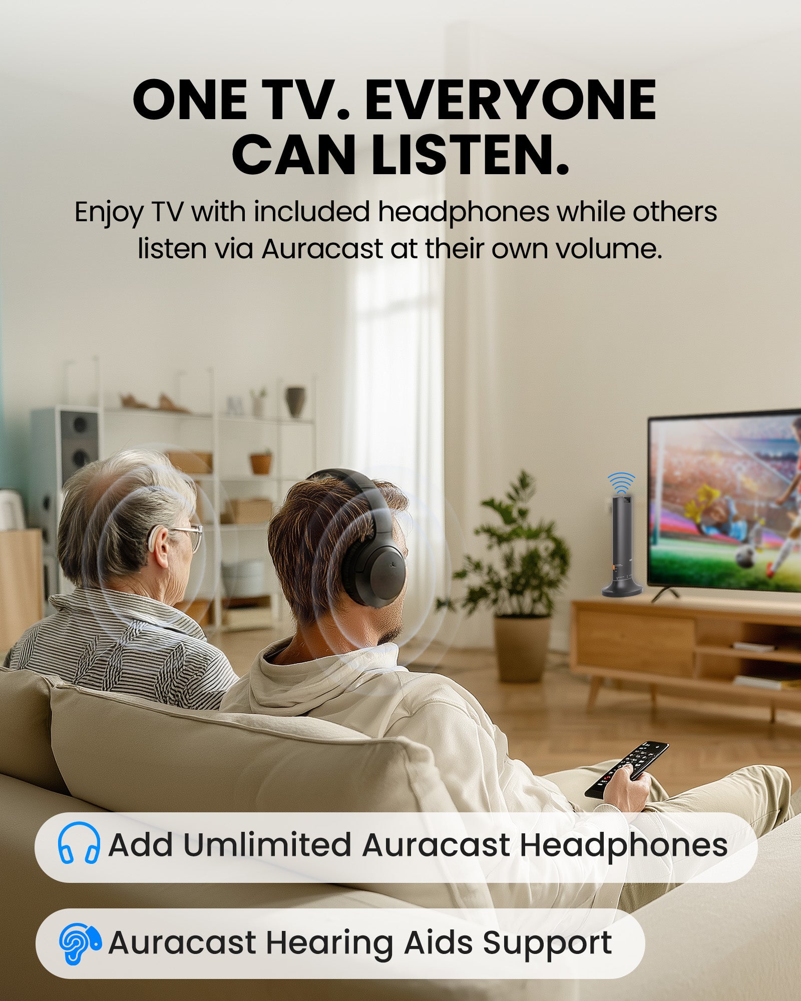 Opera Aura shares TV audio with multiple Auracast headphones and hearing aids, each with independent volume.