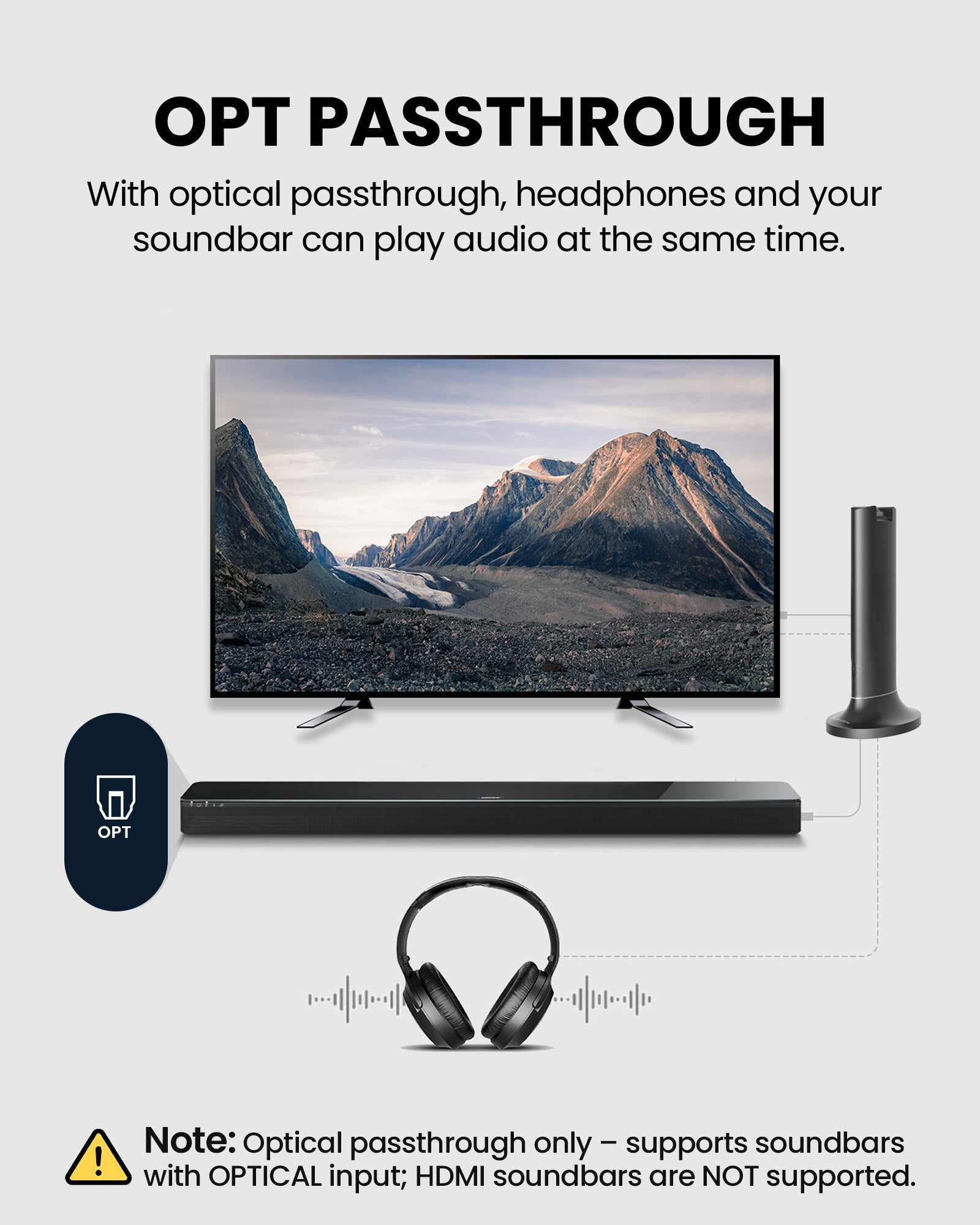 Opera Aura optical and AUX pass-through lets a soundbar and TV headphones play audio simultaneously.