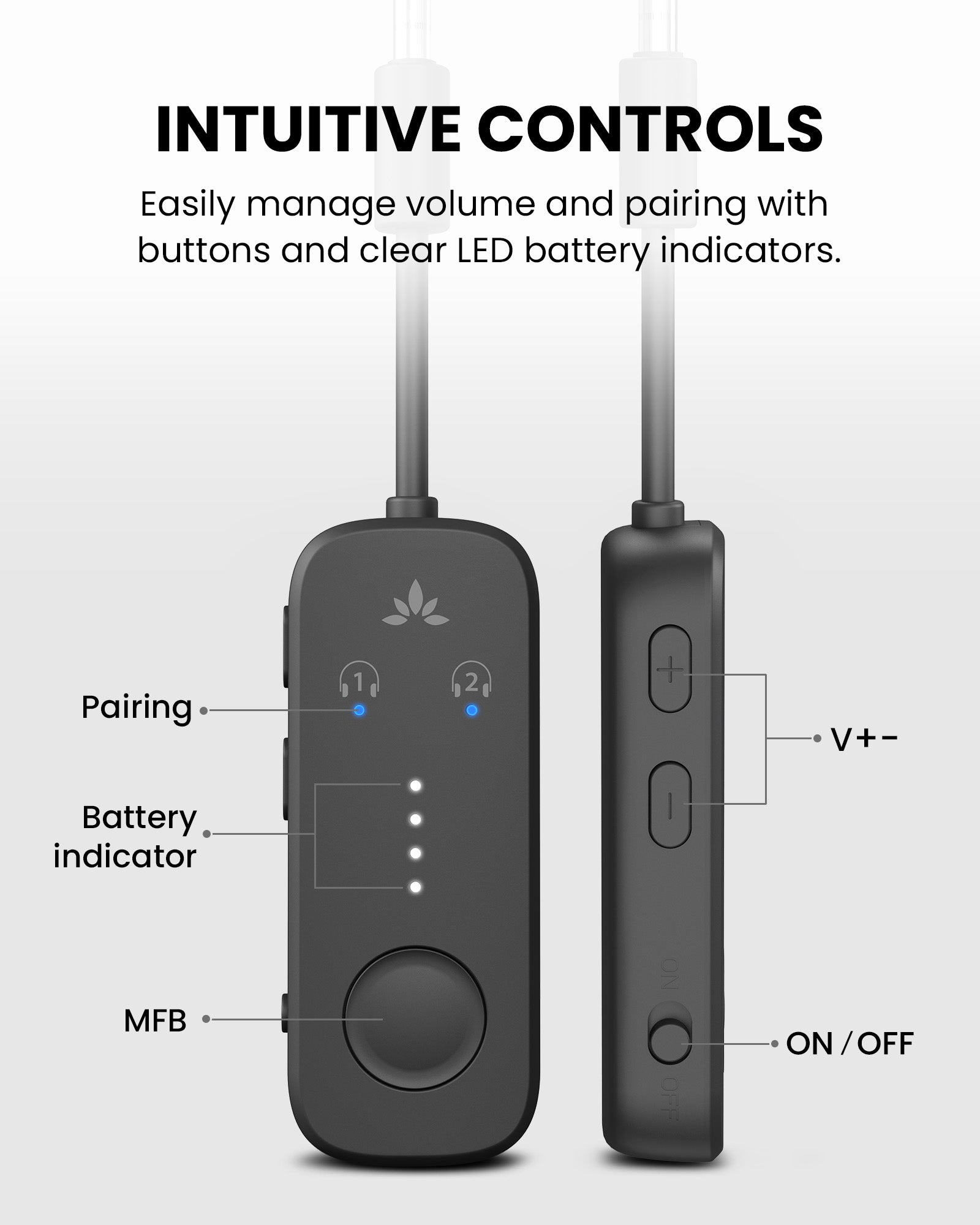 Relay controls showing MFB, volume, power, pairing and battery indicators