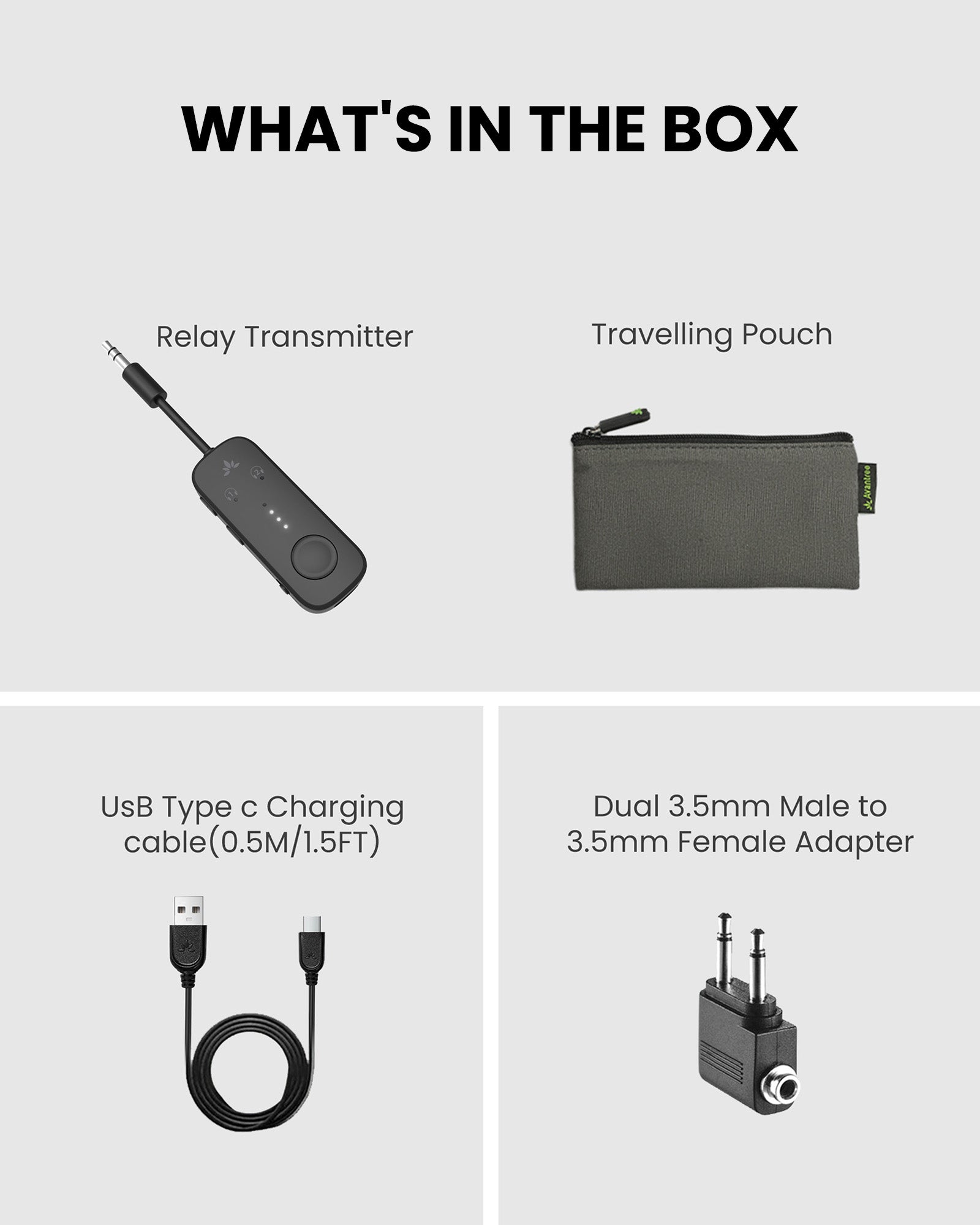 Relay package contents: transmitter, pouch, USB-C cable and dual airplane adapter