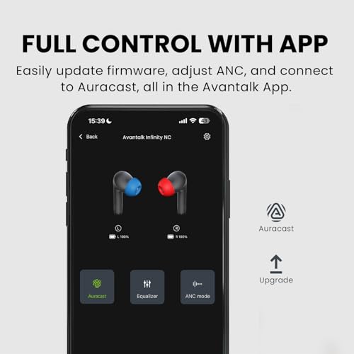 Avantalk app controls Infinity NC Auracast connection, equalizer, ANC and firmware updates