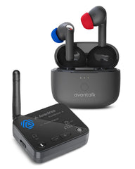 Audikast Infinity NC bundle with black ANC earbuds, charging case and Audikast 4 Auracast TV transmitter