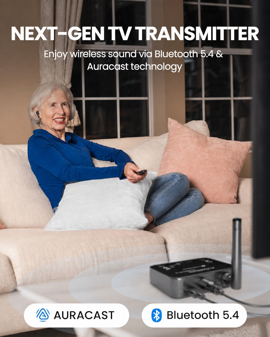 Older adult watching TV with black Infinity NC ANC earbuds and the Audikast 4 Auracast transmitter