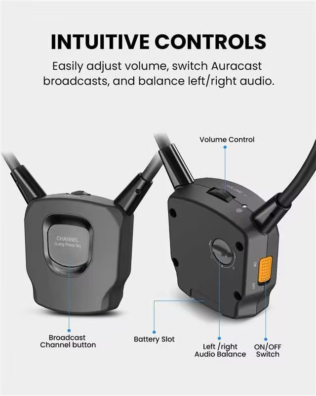 AuraBand controls for channel, volume, balance, and power