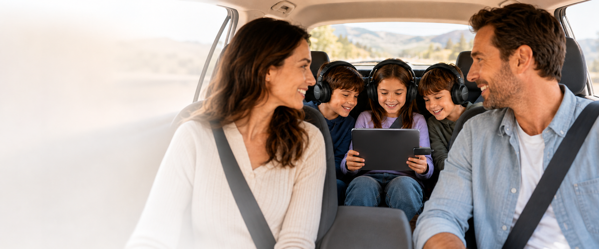 Three children sharing audio from one tablet with wireless headphones