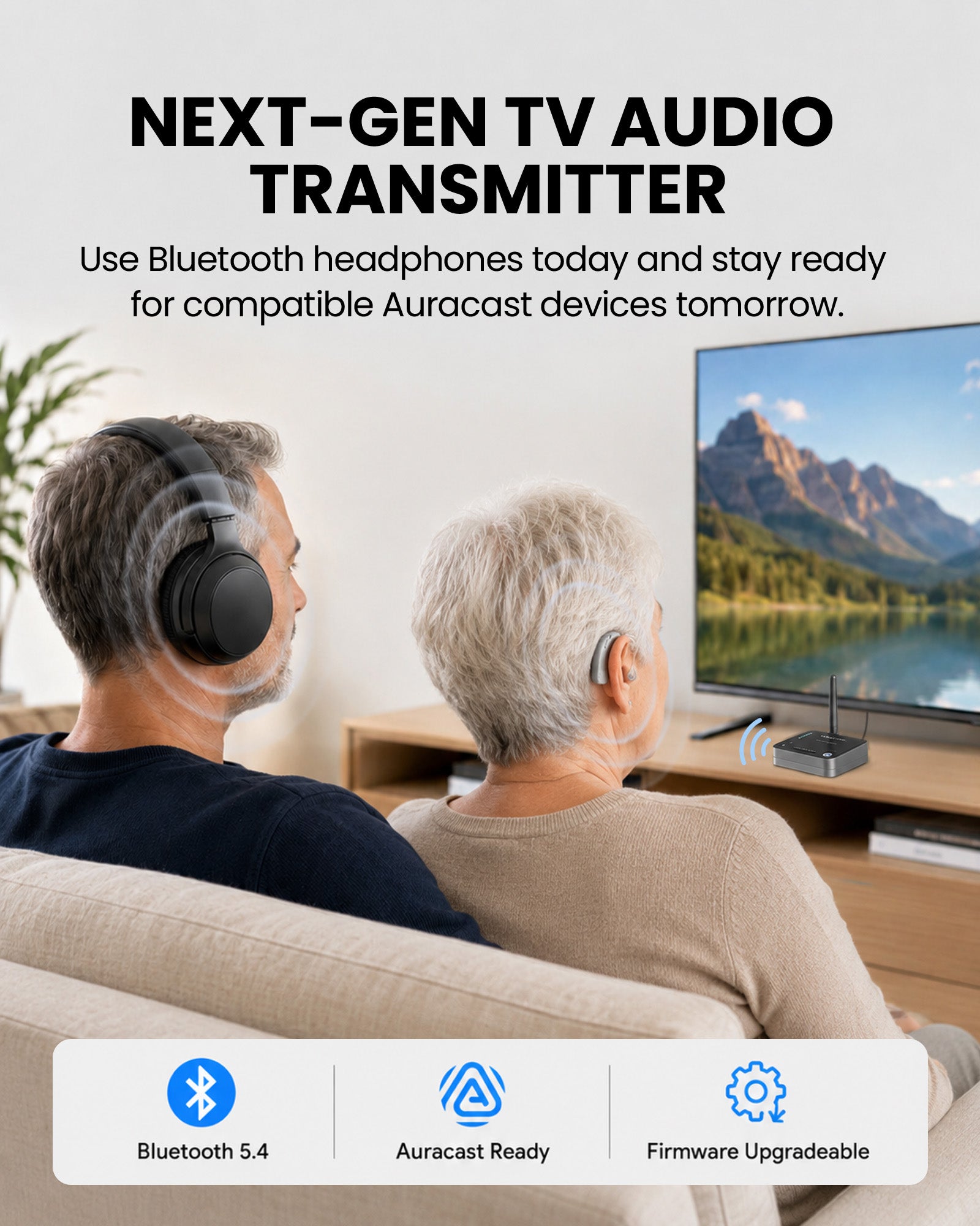 Audikast 4 Bluetooth & Auracast TV Transmitter. Two modes Auracast and Classic Bluetooth modes for compatible hearing aids, headphones, and speakers.