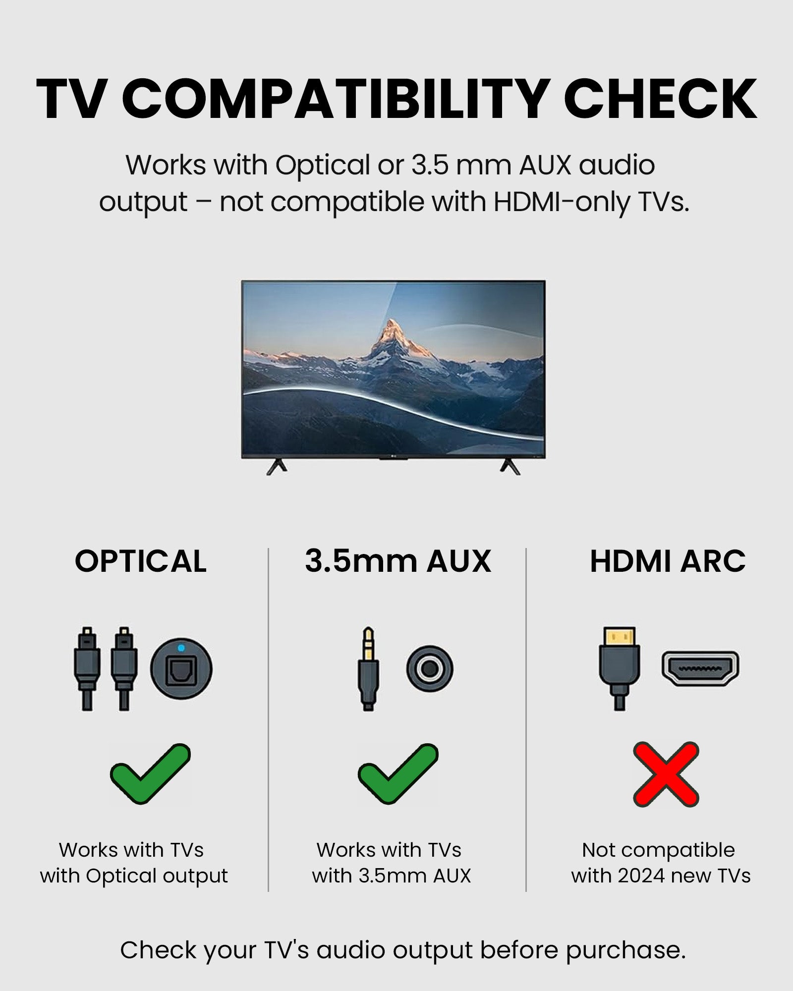 Audikast 4 Bluetooth & Auracast TV Transmitter, supports optical and 3.5mm AUX input; not compatible with HDMI ARC.