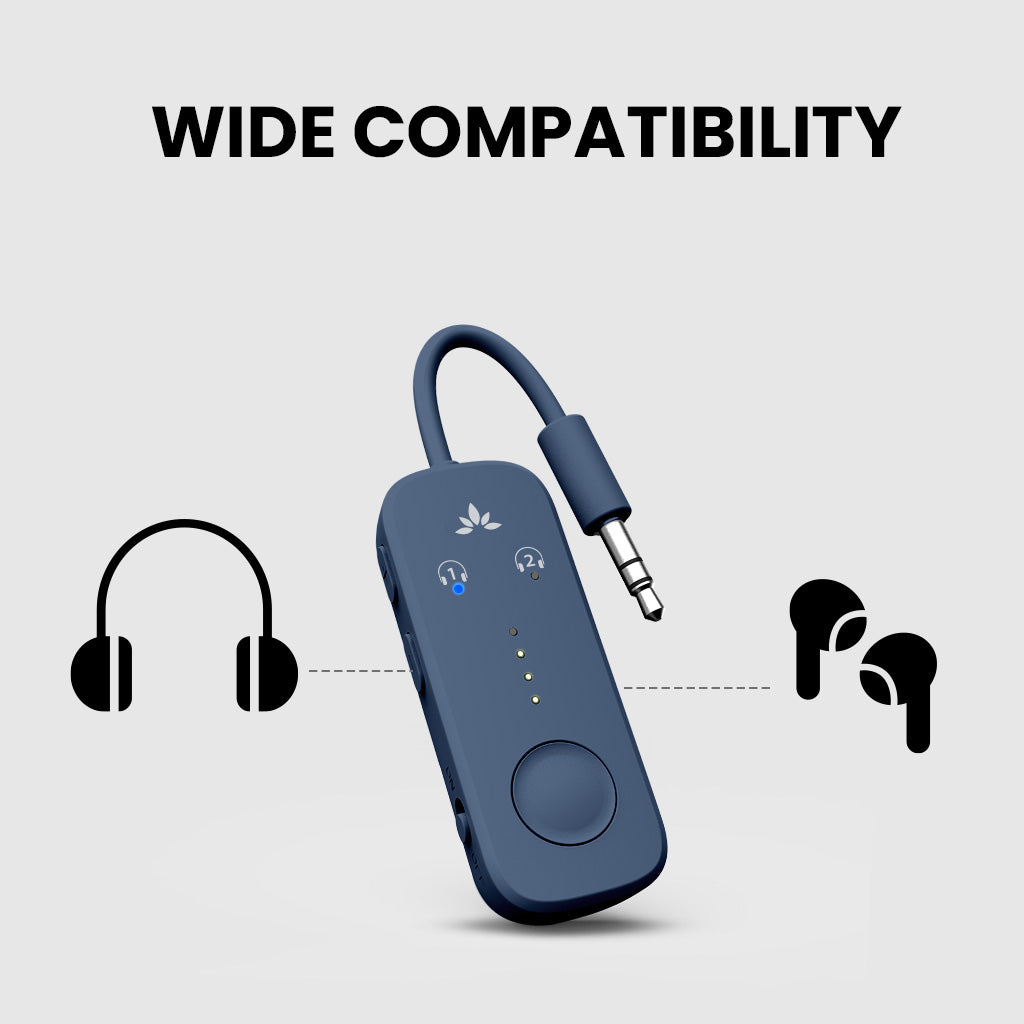 Blue Avantree Relay airplane Bluetooth adapter with integrated 3.5 mm audio plug
