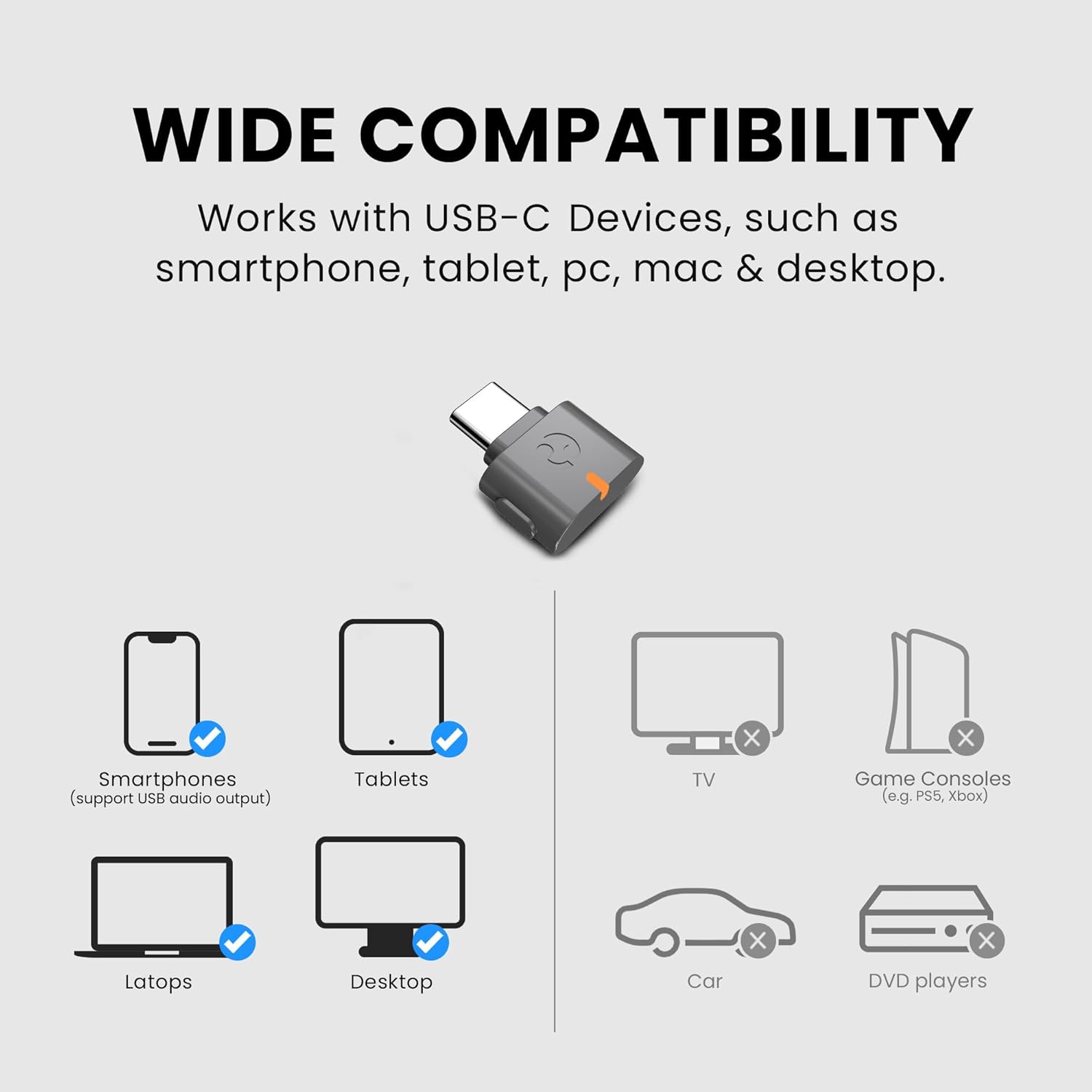 C82 Aura USB Auracast Audio Transmitter Adapter for USB-C PCs, Macs, laptops, tablets, and smartphones; not compatible with TVs, car DVD players, or gaming consoles.