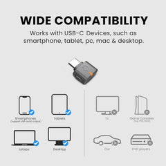 C82 Aura USB Auracast Audio Transmitter Adapter for USB-C PCs, Macs, laptops, tablets, and smartphones; not compatible with TVs, car DVD players, or gaming consoles.