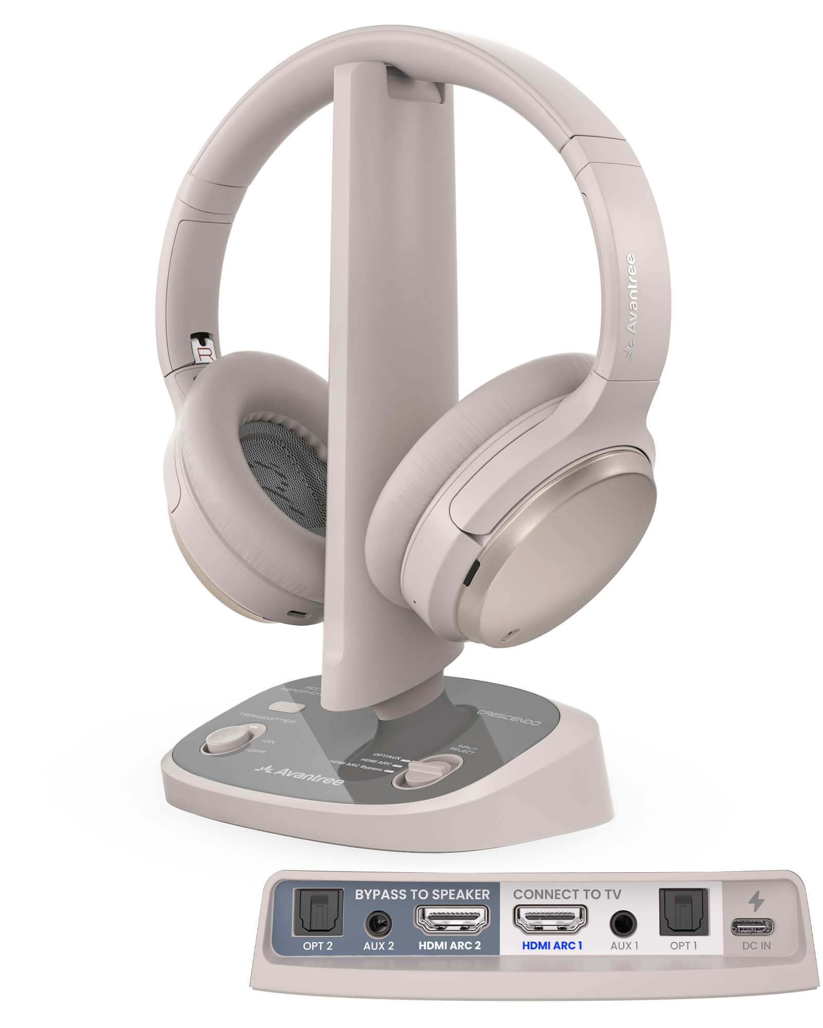 Crescendo Me headphones with transmitter and charging dock