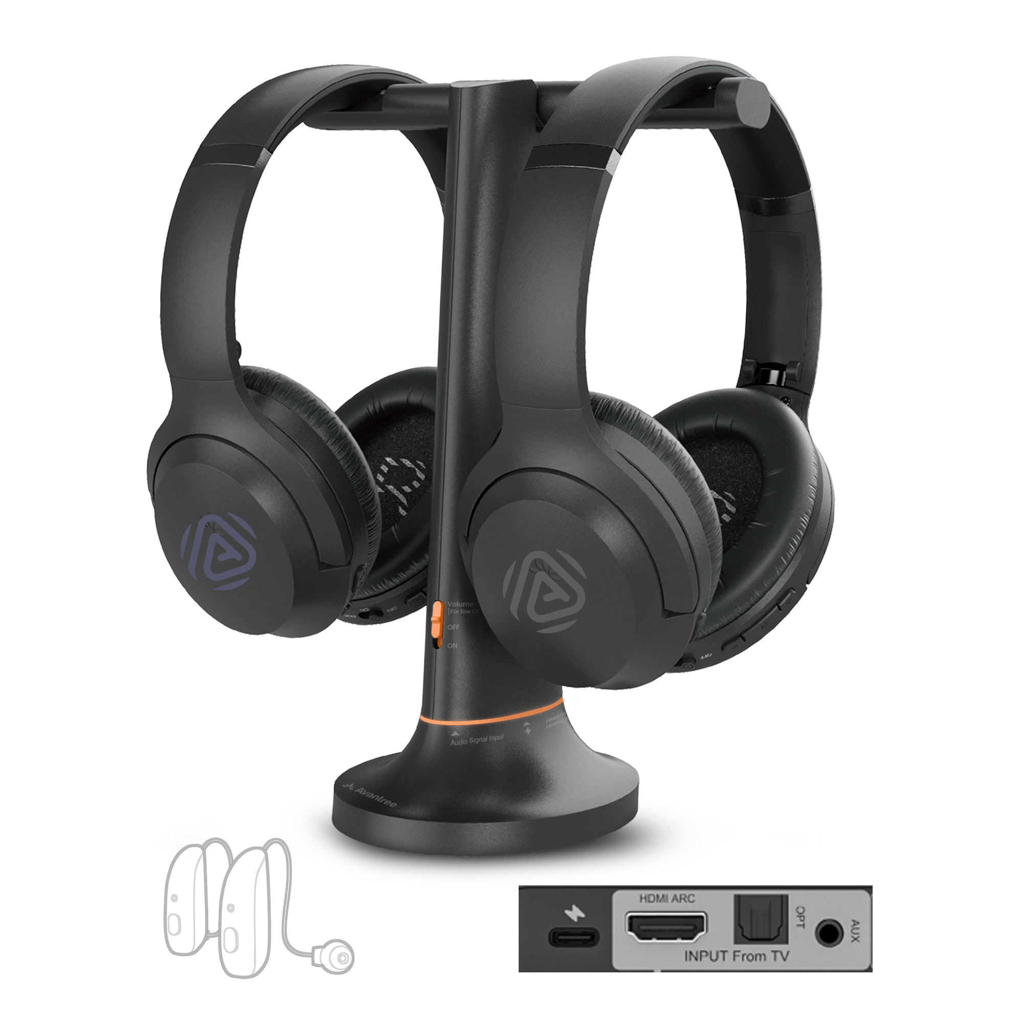 Duet Aura headphones with transmitter charging dock