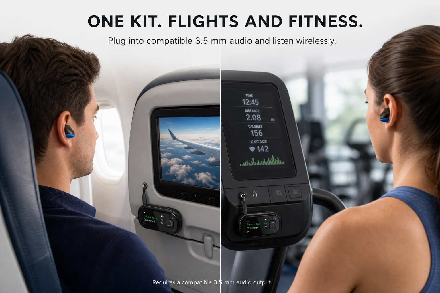 FitLock Aura Travel works with compatible 3.5 mm audio outputs on flights and gym equipment