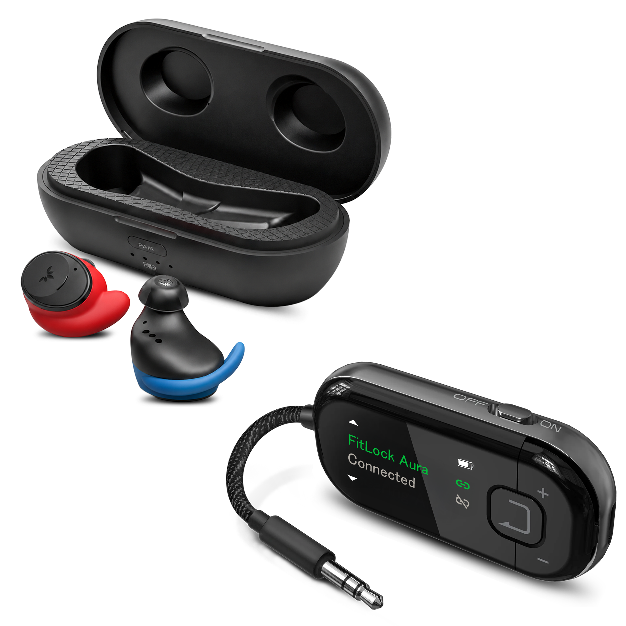FitLock Aura Travel bundle with secure-fit earbuds, charging case and black Voyager adapter