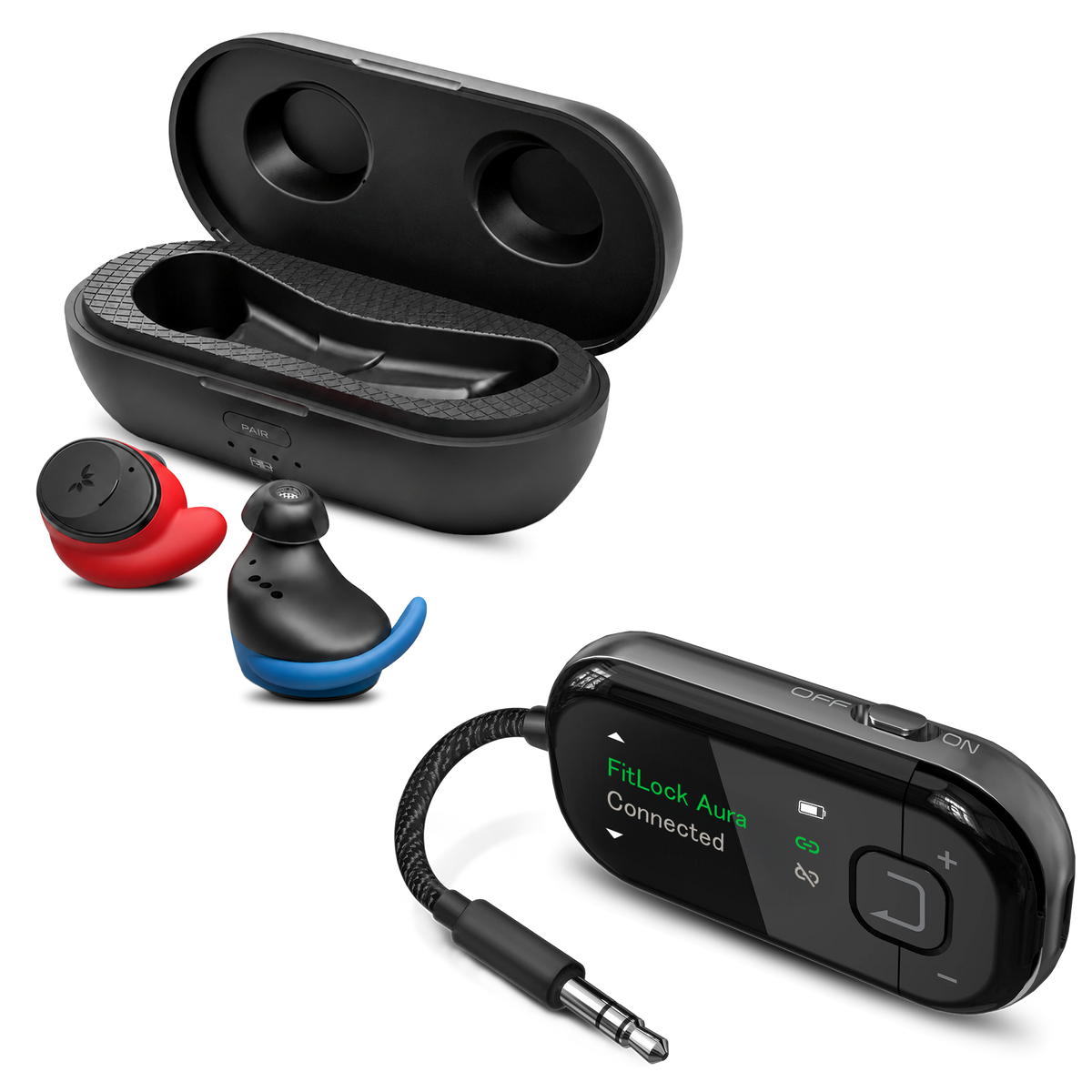 FitLock Aura Travel bundle with secure-fit earbuds, charging case and black Voyager adapter