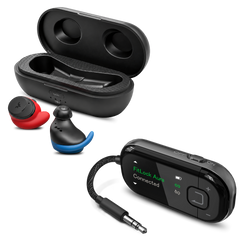 FitLock Aura Travel bundle with secure-fit earbuds, charging case and black Voyager adapter