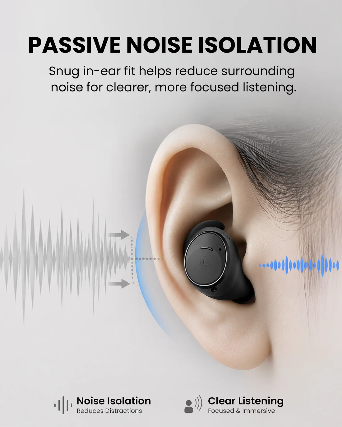 FitLock Aura snug in-ear fit provides passive noise isolation