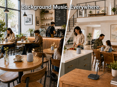 Harmony A0 speakers distributing background music across cafe and home spaces.