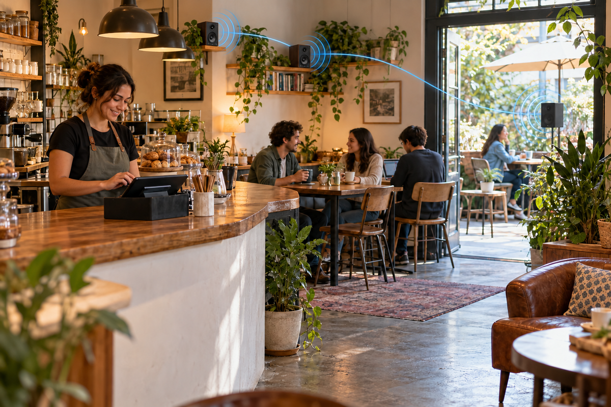A small cafe using existing powered speakers in several audio zones