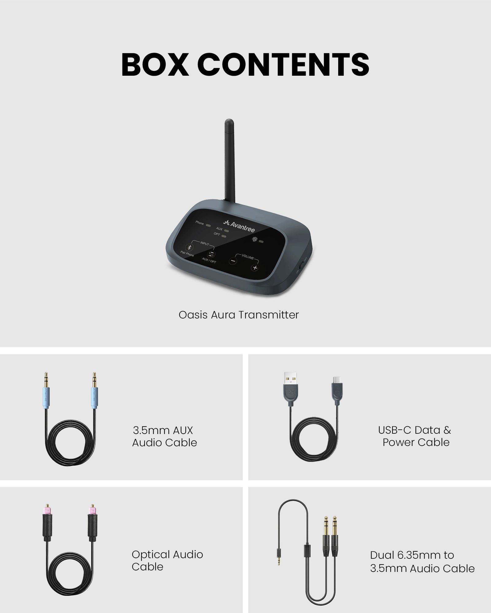 Oasis Aura Auracast venue transmitter kit for churches and home TV setups, including one Oasis Aura transmitter and setup cables